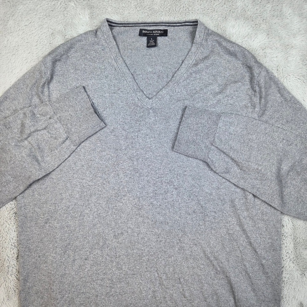 Banana Republic Silk Cashmere V-Neck Sweater Mens L Luxury Knit Pullover Grey